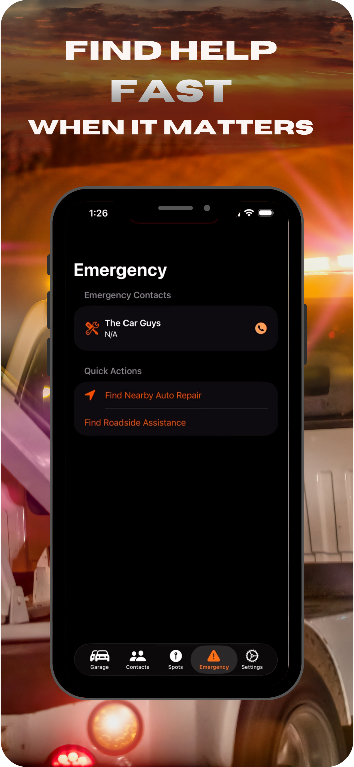Emergency screen with emergency contacts, find nearby auto repair, and find roadside assistance