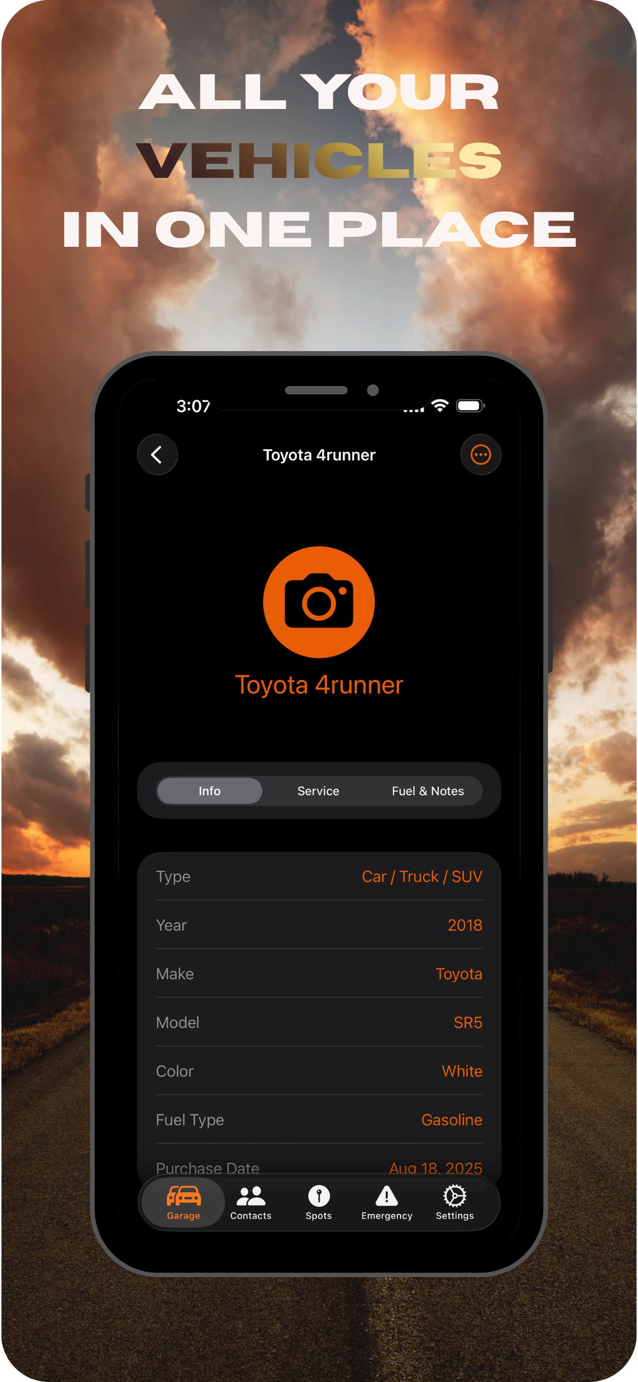 Utterly Wheels garage screen showing Toyota 4Runner vehicle profile with Info, Service, and Fuel tabs