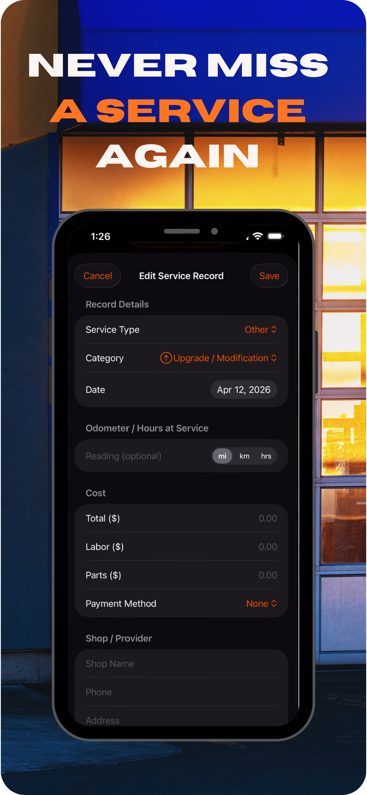Edit Service Record screen with service type, category, date, odometer, labor and parts cost breakdown