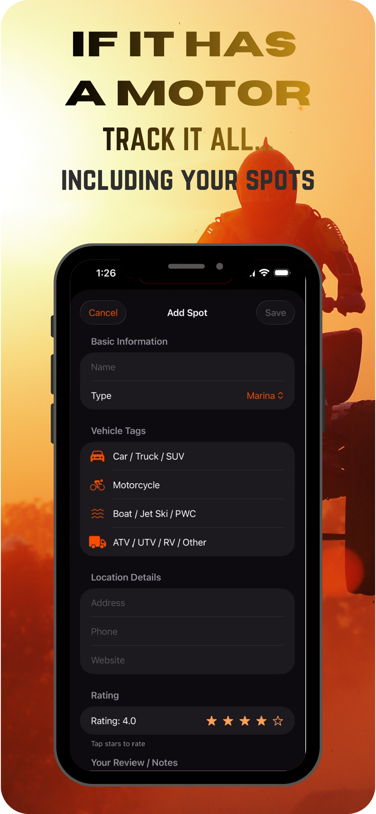 Add Spot screen for saving mechanics and marinas tagged by vehicle type with address and star rating