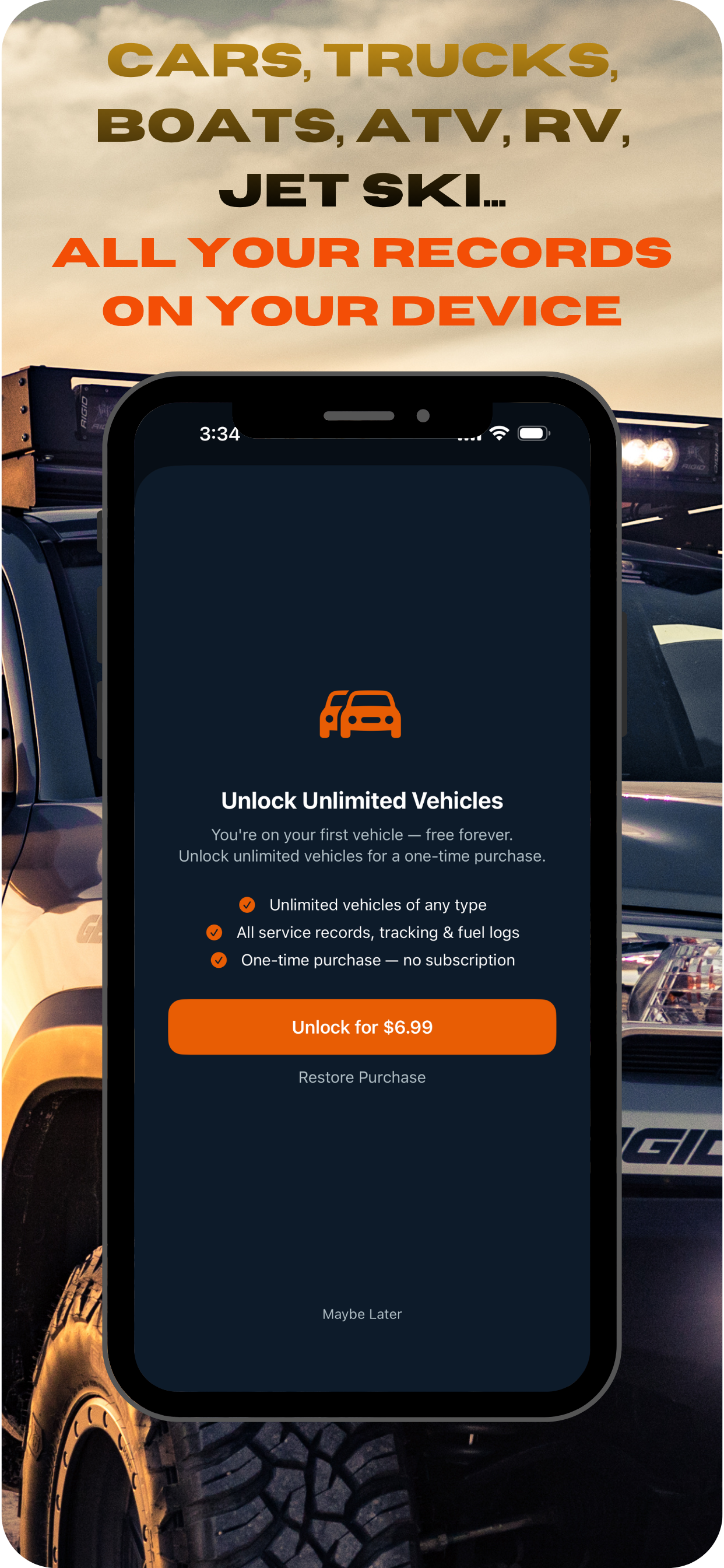 Unlock unlimited vehicles screen showing $6.99 one-time purchase for cars, trucks, boats, ATVs, and RVs